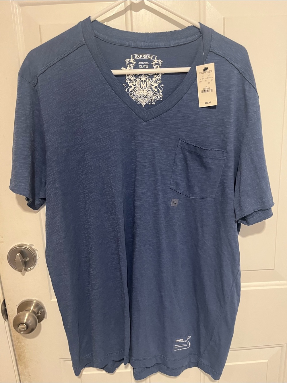 Express Men’s V-Neck Tshirt - Distressed / Workwear Look - Navy Blue - Mens XL